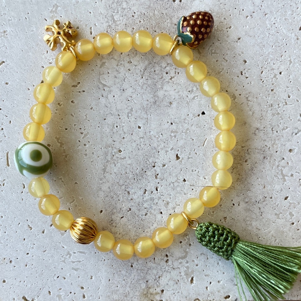 Tory Burch Beaded Charm Bracelet Yellow Green Tassel Stretch Bracelet